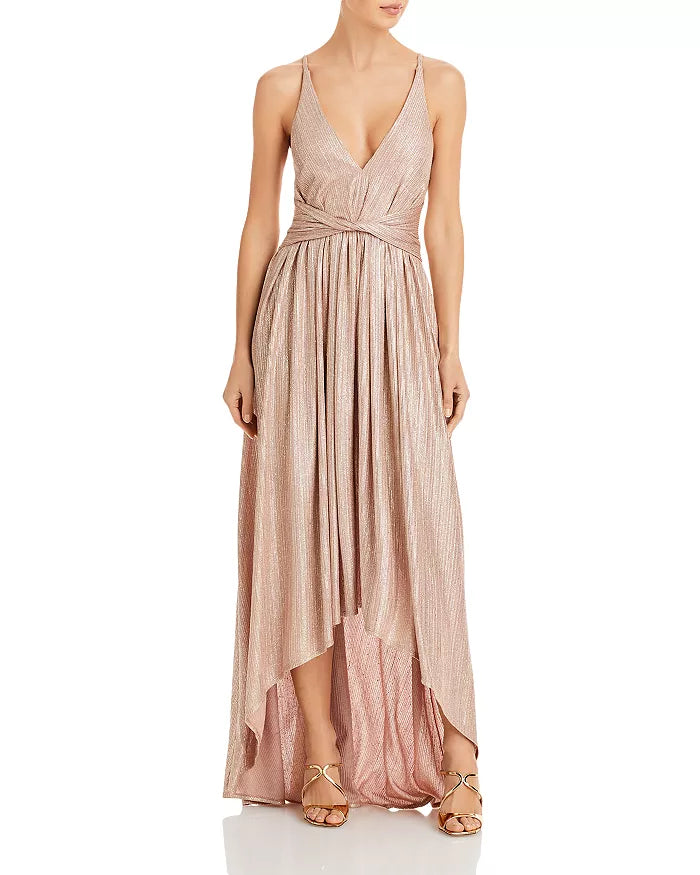 Satin sundress-Tabitha Metallic Twist Waist High-Low Dress - Blush