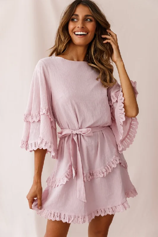 Off-shoulder sundress-Talitha Waist Tie Lace Trim Dress Blush