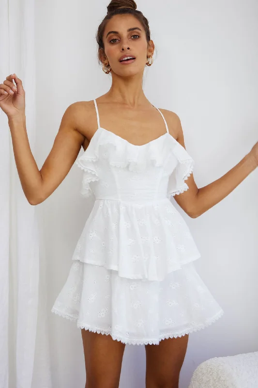 Lace party dress-Tameka Ruffle Trim Layered Hem Eyelet Dress White