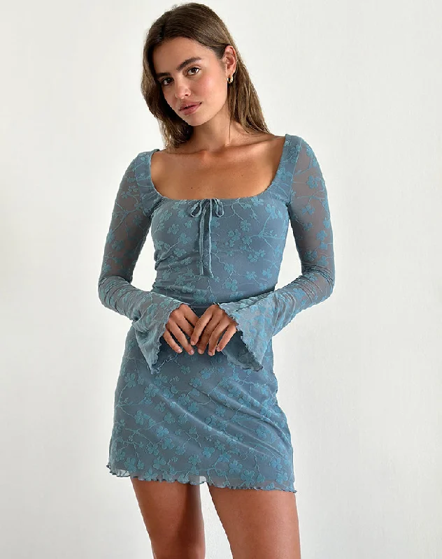 Ruched sundress-Tatyana Mini Dress in Grunge Floral Blue Grey