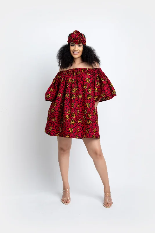 Satin sundress-TEJU African print Off shoulder mini dress