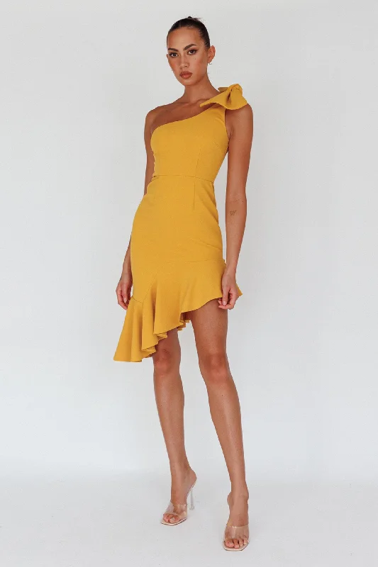 Striped cocktail dress-Tiffany One-Shoulder Bow Dress Mustard