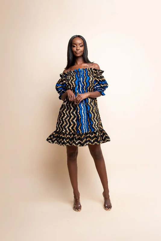 Pleated party dress-PELUMI African print Off shoulder mini dress