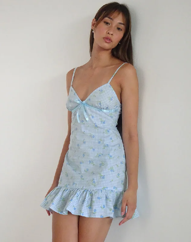 Ruched cocktail dress-Tivata Mini Dress in Blue Flower Gingham