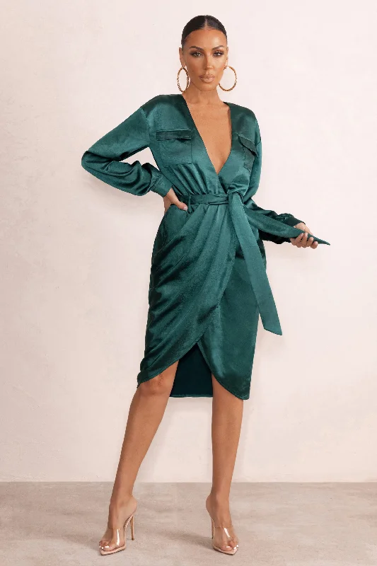 Corset sundress-True Romance | Bottle Green Satin Plunge Neck Midi Dress With Belt Detail