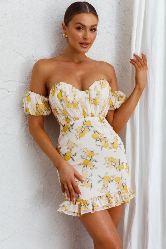 Glitter cocktail dress-Verona Off-Shoulder Gathered Mini Dress Floral Yellow