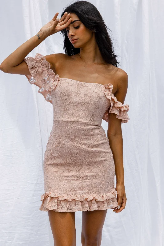 One-shoulder party dress-Verona Off-Shoulder Lace Overlay Mini Dress Blush