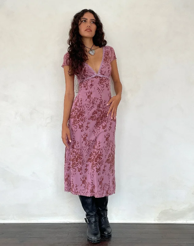 Velvet sundress-Vilinia Midi Dress in Abstract Botanic Mauve