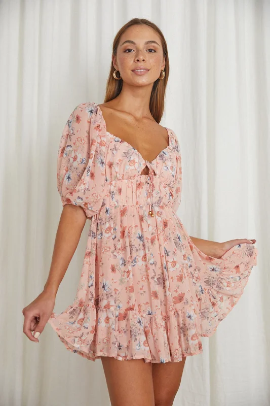 Lace-panel dress-Vista Del Mar Tied Bust Mini Dress Floral Pink