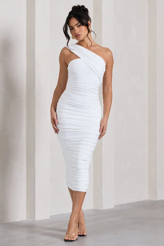 One-shoulder sundress-Contour | White One Shoulder Bodycon Midi Dress