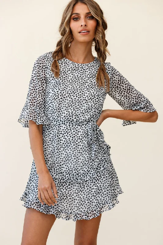 Polka dot cocktail dress-Wife Me Crew Neck Ruffle Insert Dress Polka Dot Black