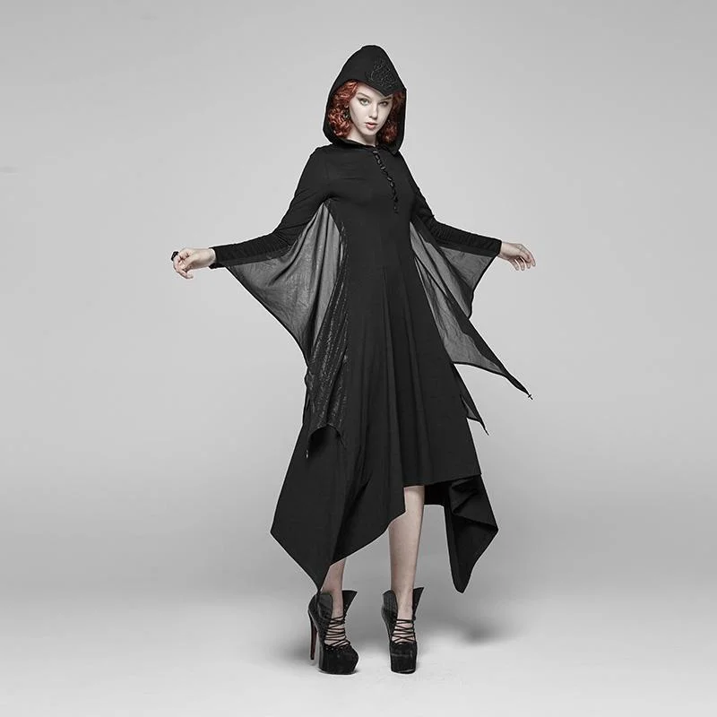 Tiered party dress-Women's Goth Flare Long Sleeve Iregular Maxi Dress With Hood