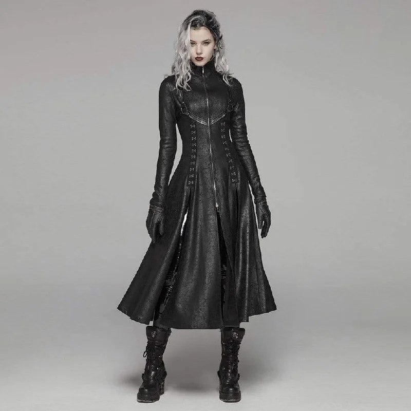 Short sleeve cocktail dress-Women's Goth Front Zipper Stand Collar Maxi Overcoat