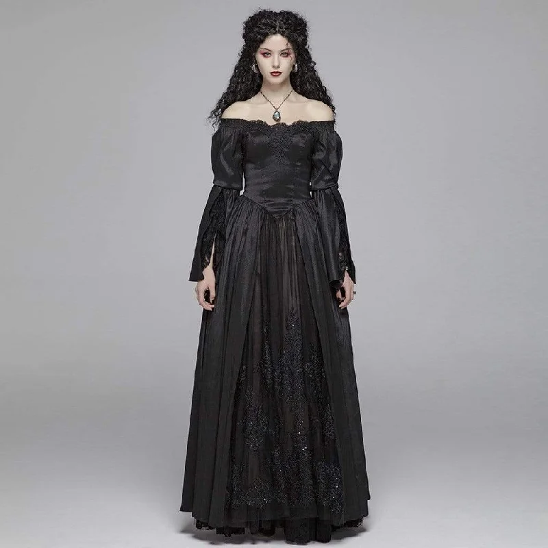 Long sleeve party dress-Women's Goth Off Shoulder Floral Lace Maxi Gown Wedding Dress