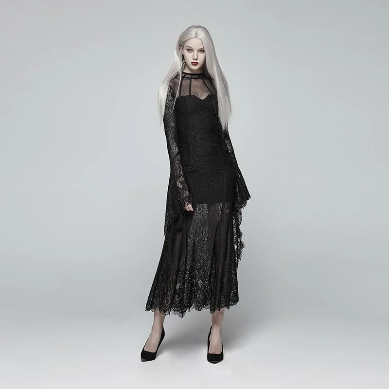 Satin cocktail dress-Women's Goth Translucence Long Sleeved Floral Lace Maxi Dress