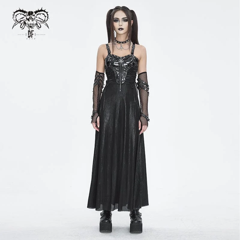 Glitter cocktail dress-Women's Gothic Buckle Strap Eyelets Maxi Dress