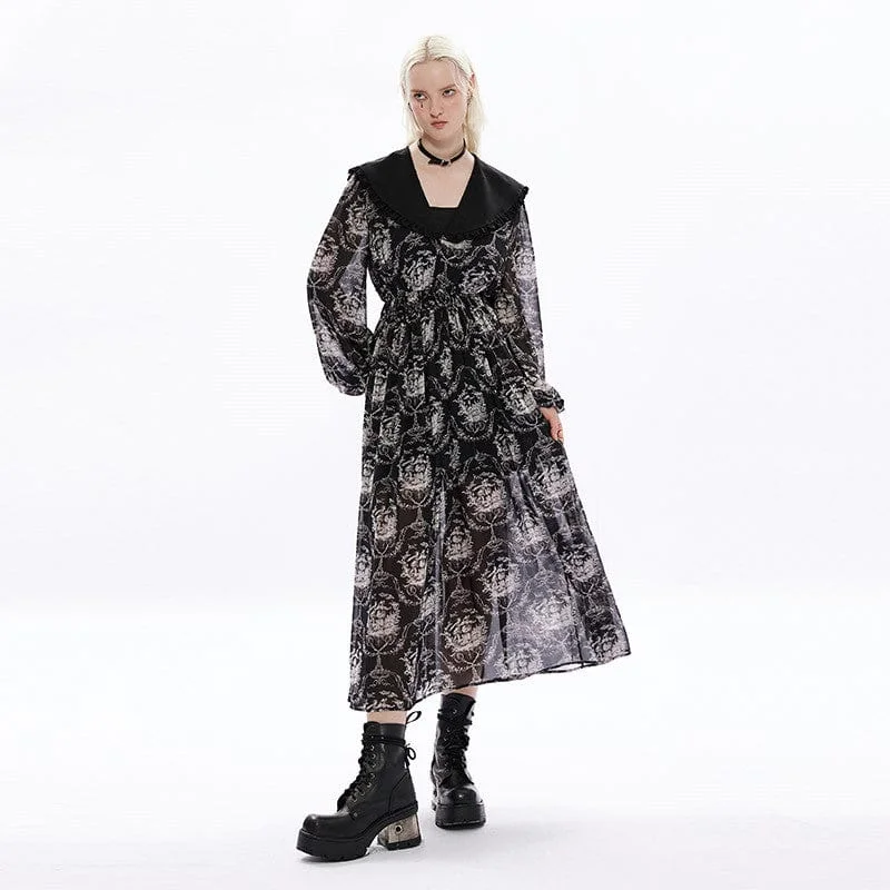 Polka dot party dress-Women's Gothic Cat Printed Maxi Chiffon Dress