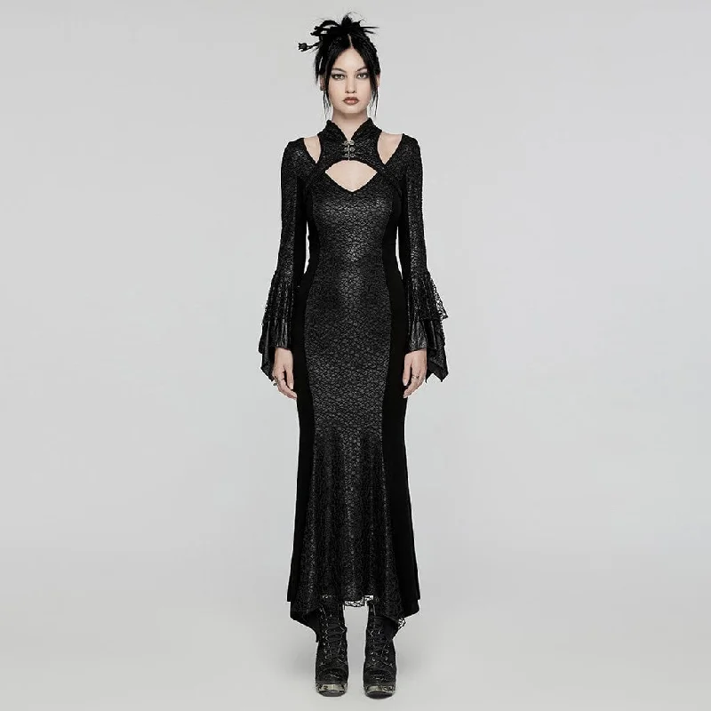 Halter neck sundress-Women's Gothic Cheongsam Collar Fishtailed Gown Dress Black