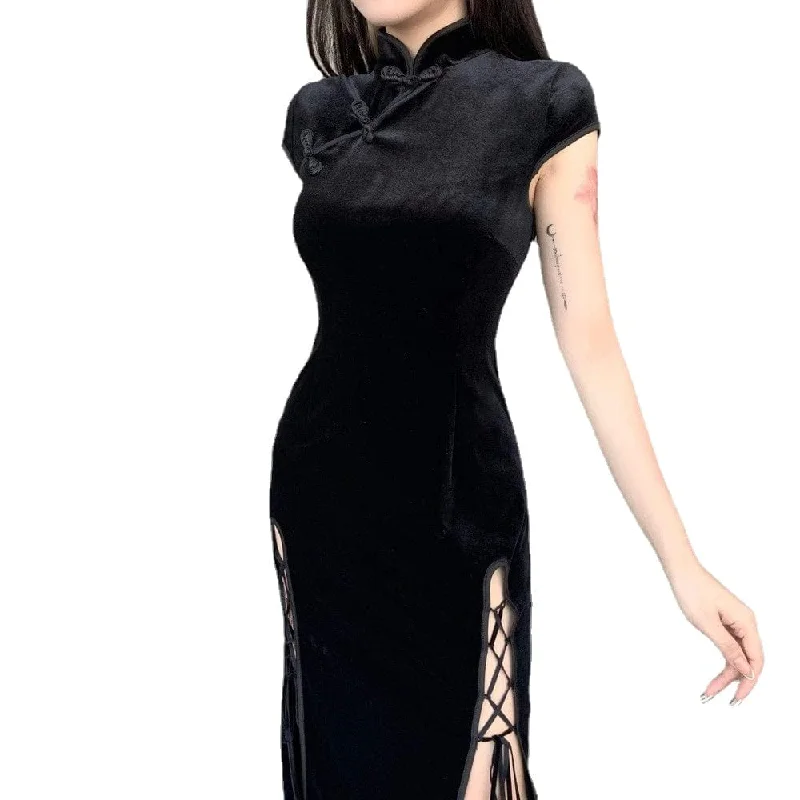 Beaded prom dress-Women's Gothic Chinese Slit Velet Dresses