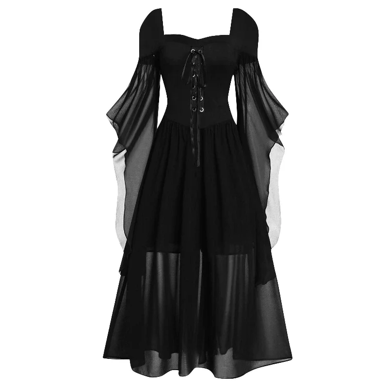 Fringe sundress-Women's Gothic Contrast Color Lace-up Witch Dress