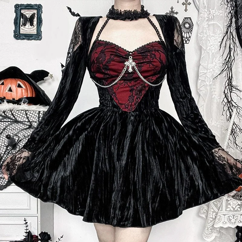 Ruffled party dress-Women's Gothic Cross Lace Short Dress Black Red