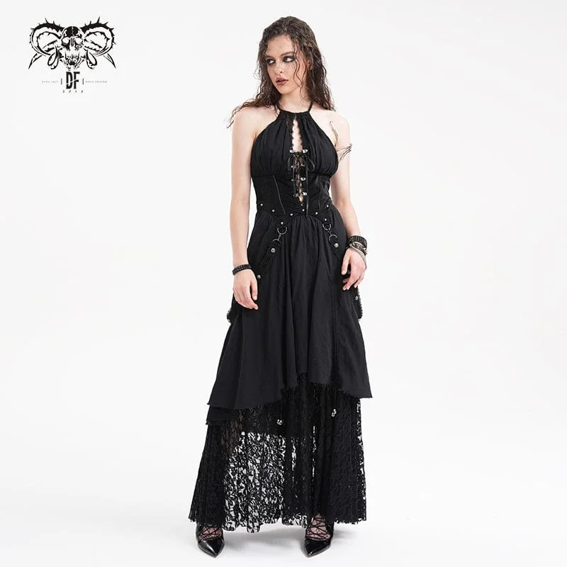 One-shoulder cocktail dress-Women's Gothic Cut-out Lace Strap Maxi Dress