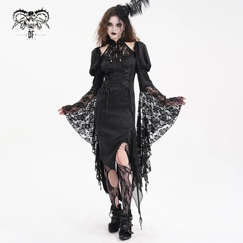 Velvet party dress-Women's Gothic Cut-out Lace-up Lace Irregular Hem Dress