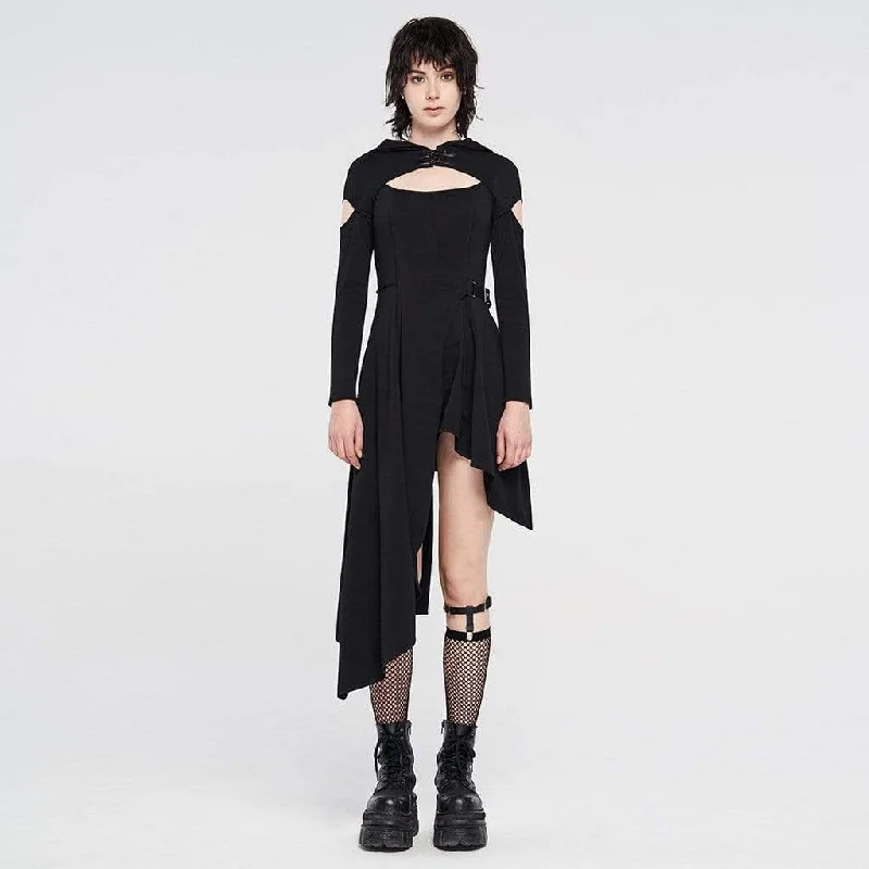 Voluminous sleeve dress-Women's Gothic Cutout Hooded Irregular Dresses With Buckles