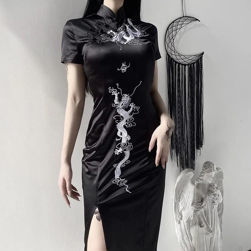 Corset party dress-Women's Gothic Dragon Embroidered Cheongsam Dress