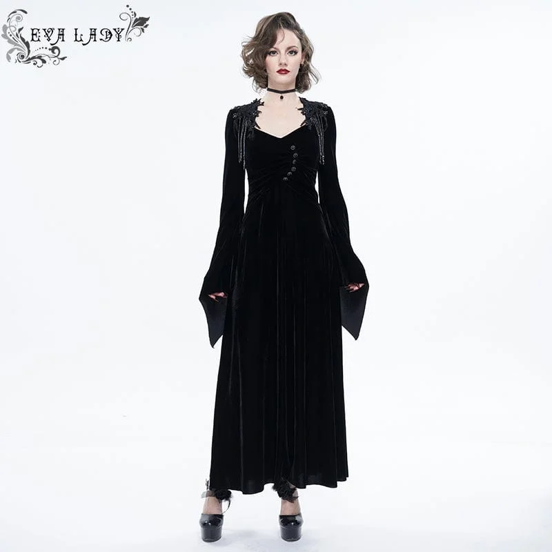 Long sleeve cocktail dress-Women's Gothic Flare Sleeved Velet Maxi Wedding Dress with Shoulder Boards Black