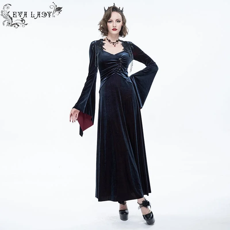 Velvet cocktail dress-Women's Gothic Flare Sleeved Velet Maxi Wedding Dress With Shoulder Boards Dark Blue