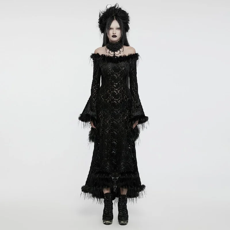 Smocked cocktail dress-Women's Gothic Flared Sleeved Faux Fur Splice Flocked Mesh Witch Dress