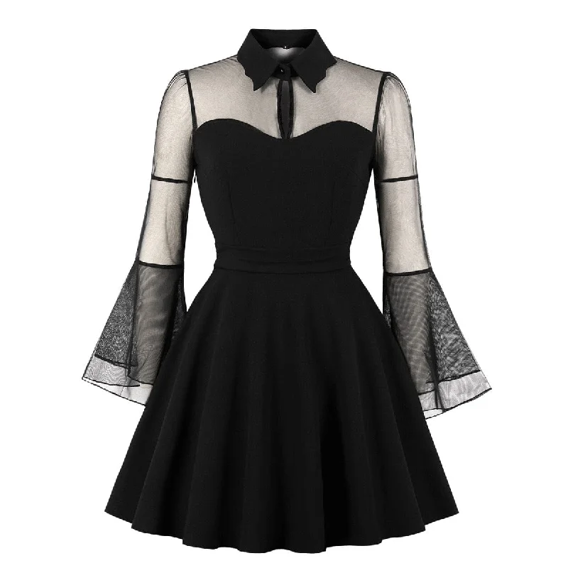 One-shoulder cocktail dress-Women's Gothic Flared Sleeved Mesh Splice Grad Dress