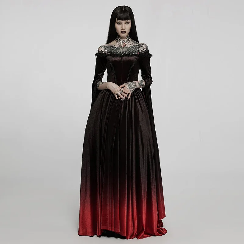 Velvet party dress-Women's Gothic Gradient Off Shoulder Flare Sleeved Maxi Dress Wedding Dress