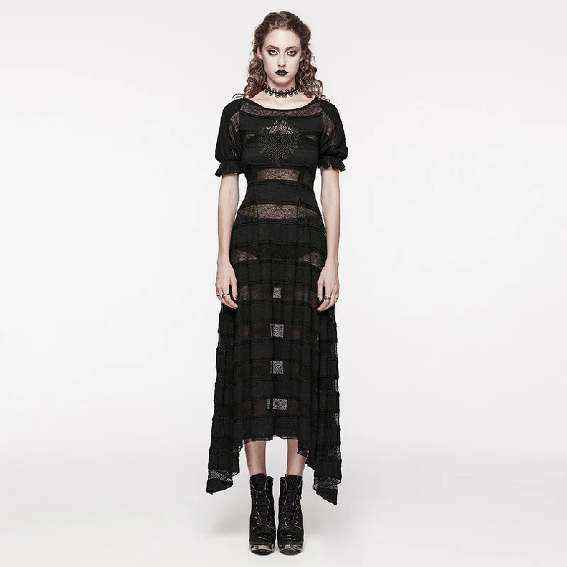 Dotted vintage dress-Women's Gothic Irregular Puff Sleeved Lace Dress