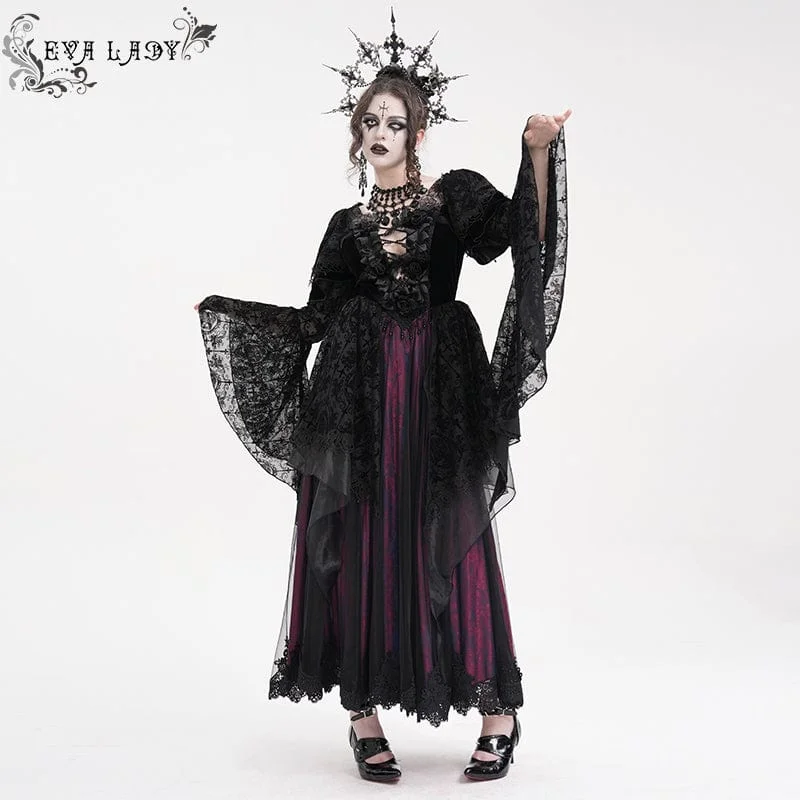 Satin cocktail dress-Women's Gothic Lace Crochet Long Sleeved Dress Wedding Dress Black Purple