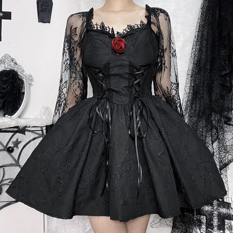 Plaid casual dress-Women's Gothic Lace Sleeved Rose Draped Dress