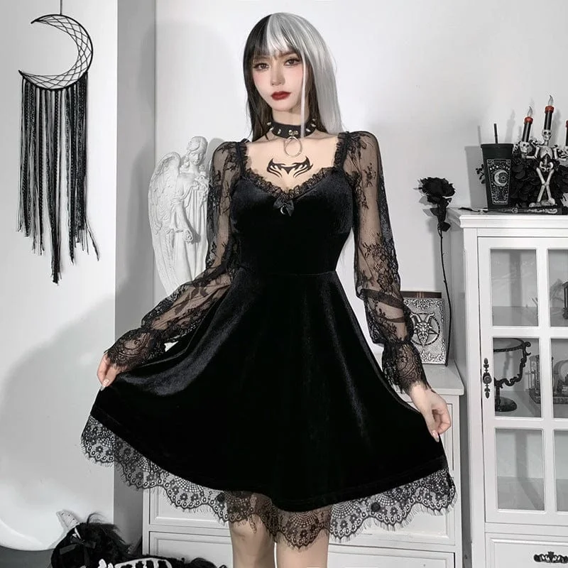 One-shoulder party dress-Women's Gothic Lace Sleeved Ruffled Dress