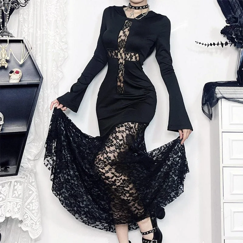 Velvet cocktail dress-Women's Gothic Lace Splice Fishtailed Dress with Hood