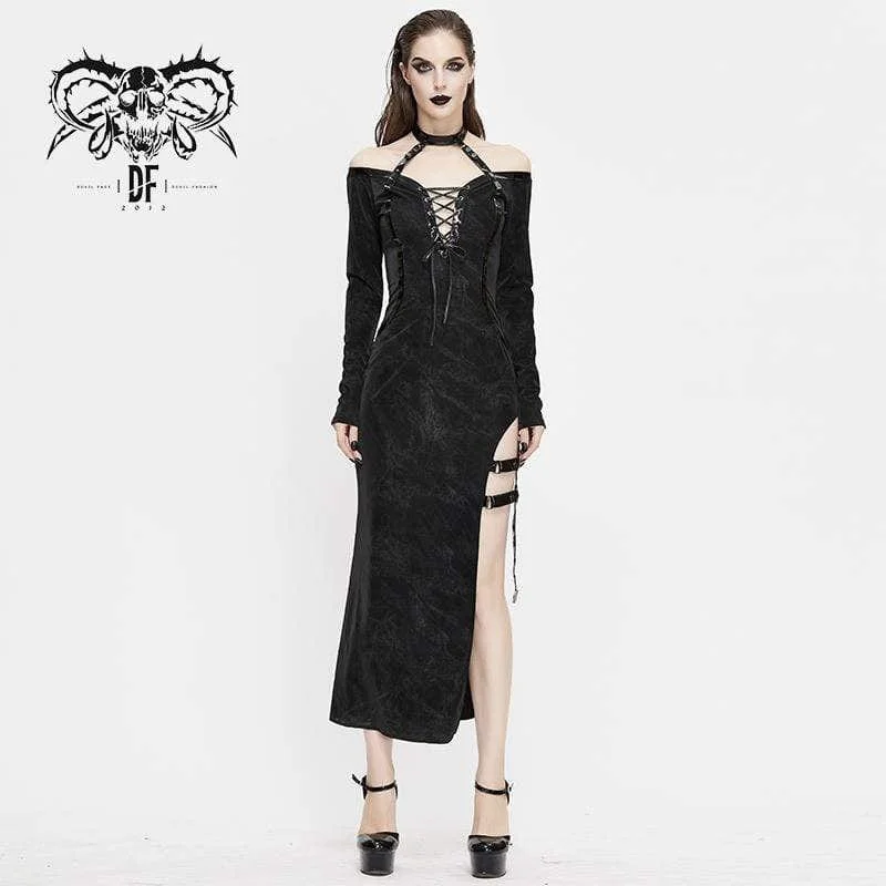 Plush knit dress-Women's Gothic Lace-up Fitted Irregular Halter Dresses