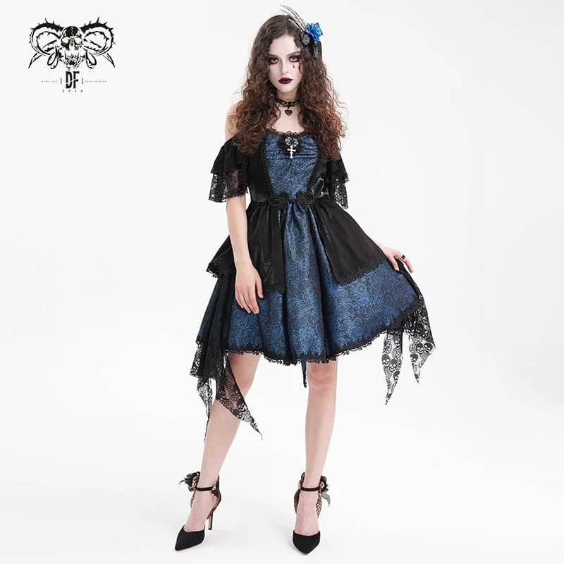 Polka dot party dress-Women's Gothic Lace-up Halter Lace Irregular Hem Dress Blue