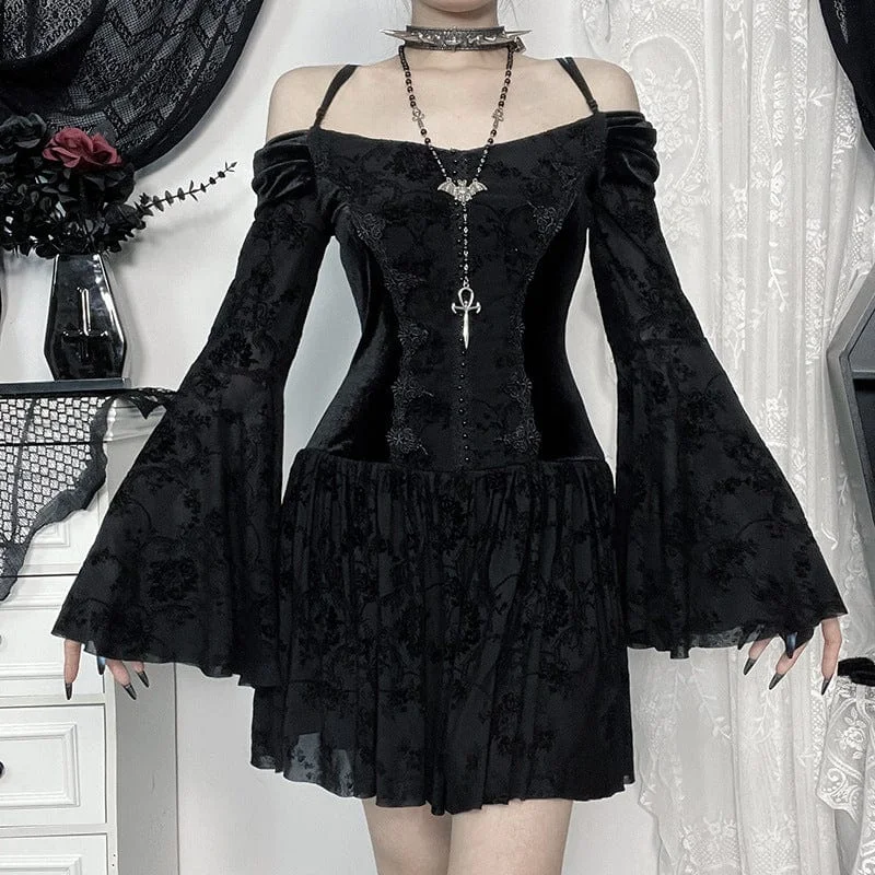 Long sleeve party dress-Women's Gothic Lace Velvet Off Shoulder Dress