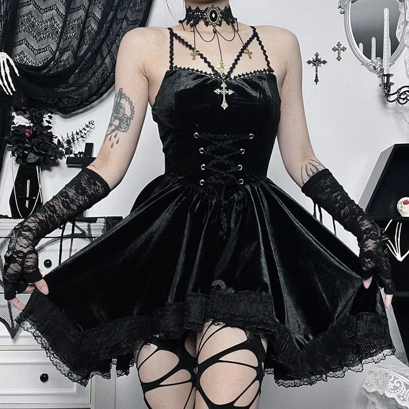 Velvet party dress-Women's Gothic Lacing-up Lace-trimmed Velvet Short Dress