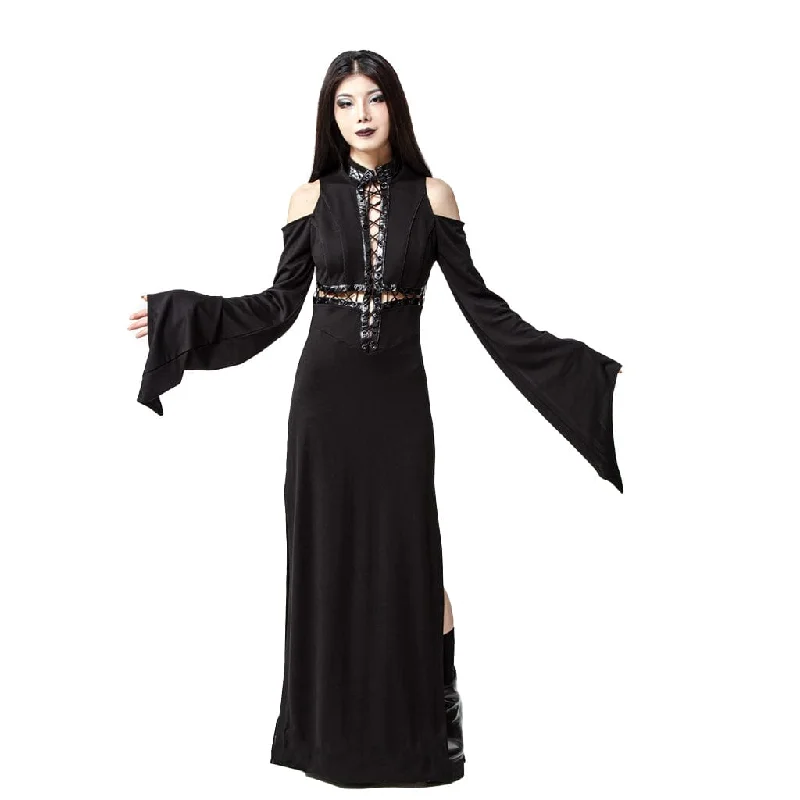 Pleated sundress-Women's Gothic Lacing-up  Trumpet Sleeved Maxi Dress