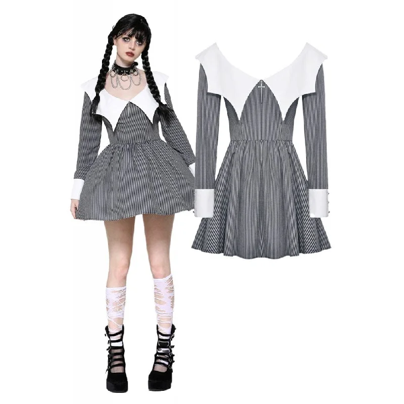 Ruffled cocktail dress-Women's Gothic Lolita Bat Striped Short Dress Gray White