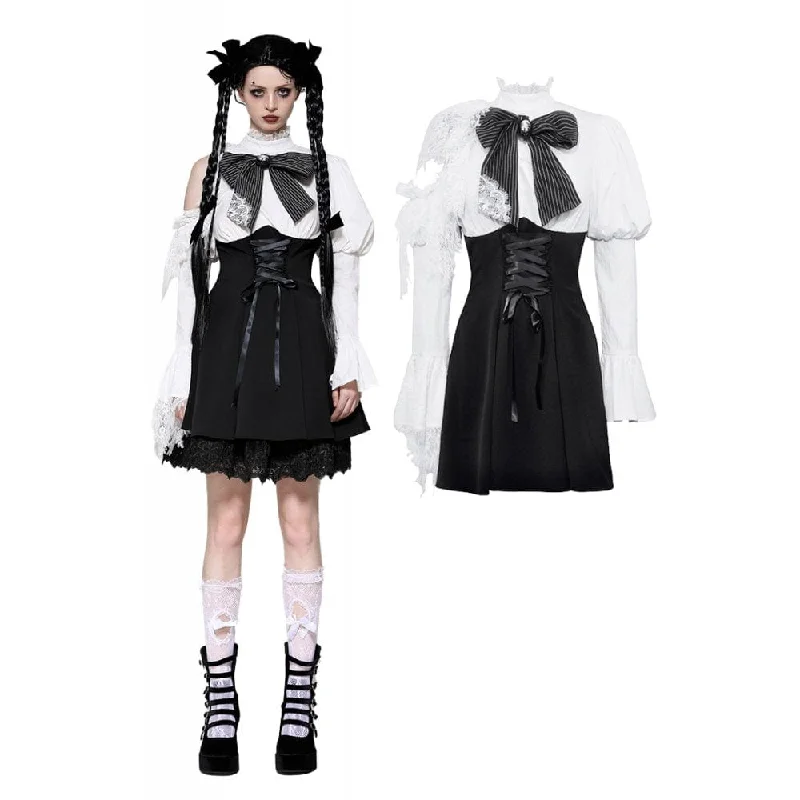 Floral sundress-Women's Gothic Lolita Bowknot Short Dress Black White