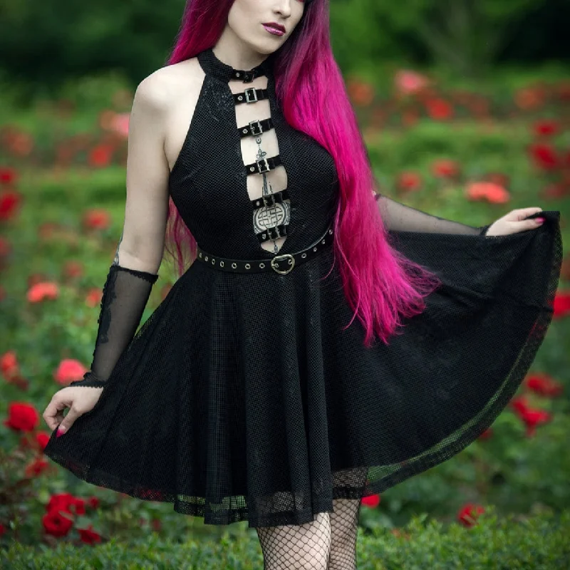 Pocketed sundress-Women's Gothic Mesh Splice Rose Velvet Halterneck Dress