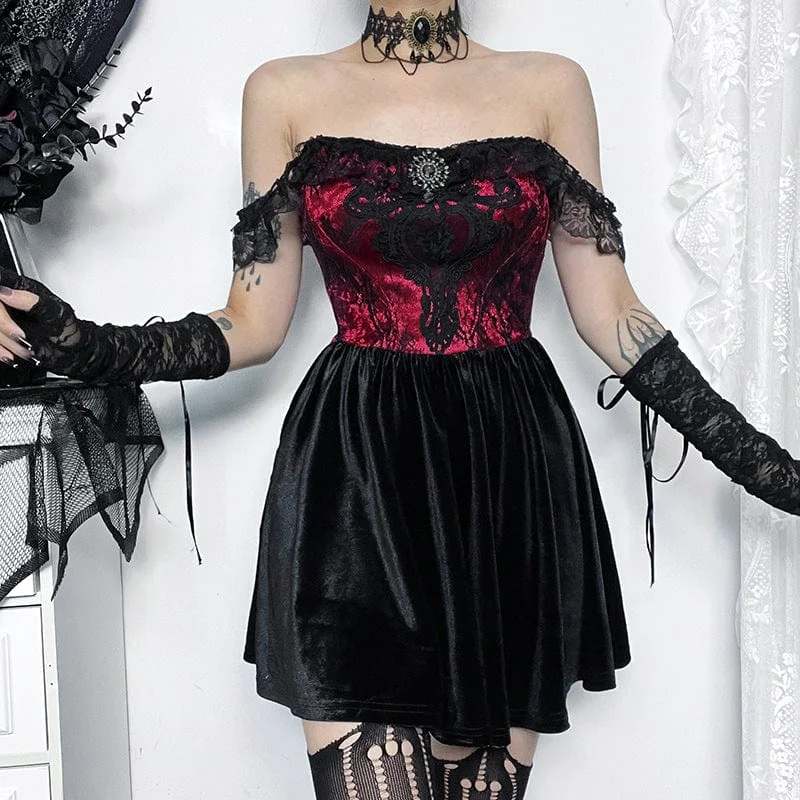 Polka dot cocktail dress-Women's Gothic Off Shoulder Lace Velvet Dress