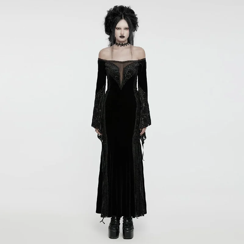 Lace party dress-Women's Gothic Off-the-shoulder Lace Splice Velvet Gown Dress