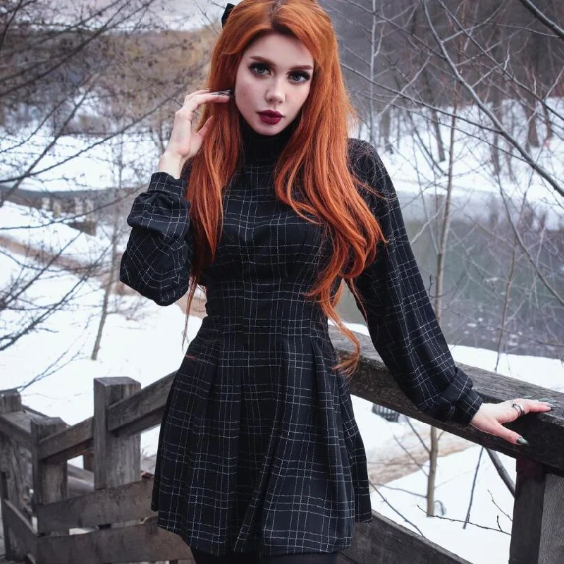 Lace-edged maxi dress-Women's Gothic Plaid High-waisted Dresses